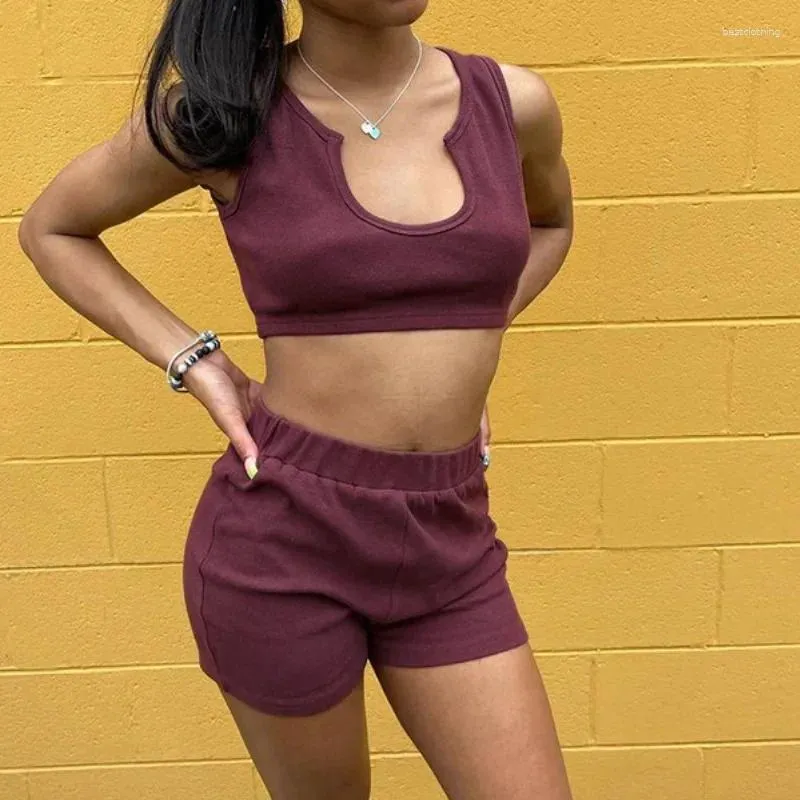 Women's Shorts Summer Casual Sport Set Women U-Neck Sleeveless Vest Solid Color High Waist Slim Two Piece Wine Red Streetwear