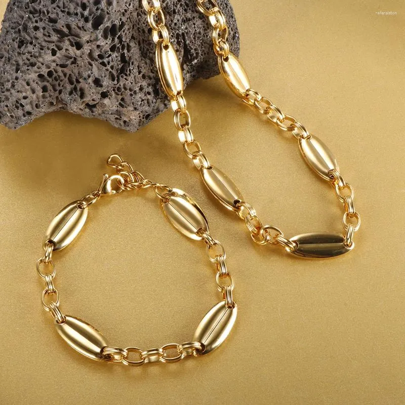 Collana di orecchini con catena in acciaio inossidabile con struttura pesante per donna uomo braccialetto di chicchi di caffè placcato oro lucido 14 carati gioielli Hiphop