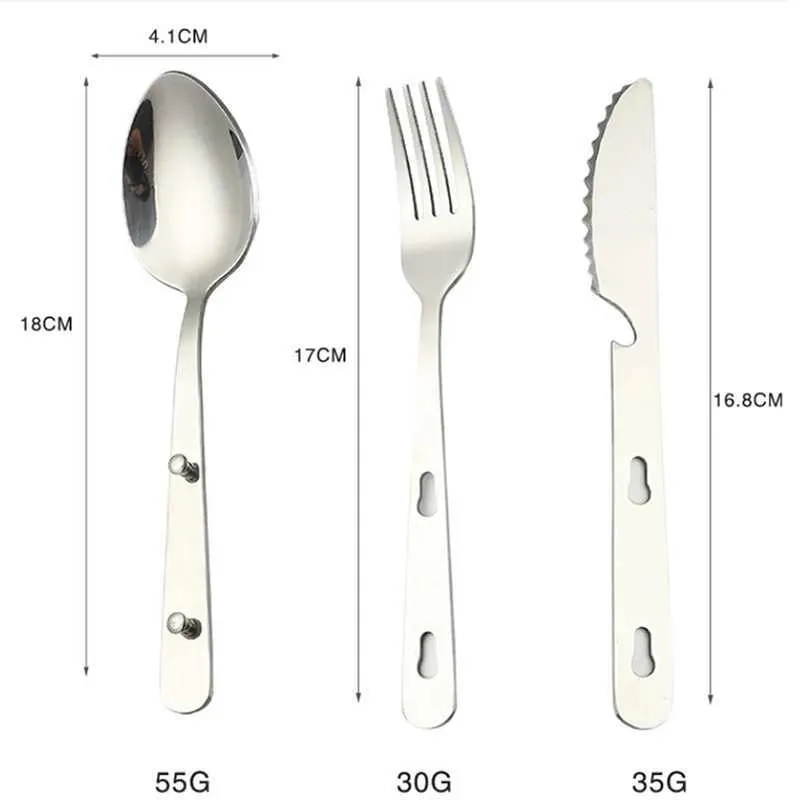 Kamp Mutfak 3pcs/Set Dış Mekan Portatif Paslanmaz Çelik Tanda Tahsil Eden Kaşık Kaşık Seti Fork Bıçak Yemek Takımı Kampı Pişirme Sofra Takımı YQ240123