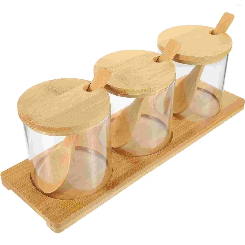Dinnerware Sets 3 Pcs/1 Clear Container With Lid Glass Seasoning Bottle Condiment Pot Salt Shaker Jar Bamboo