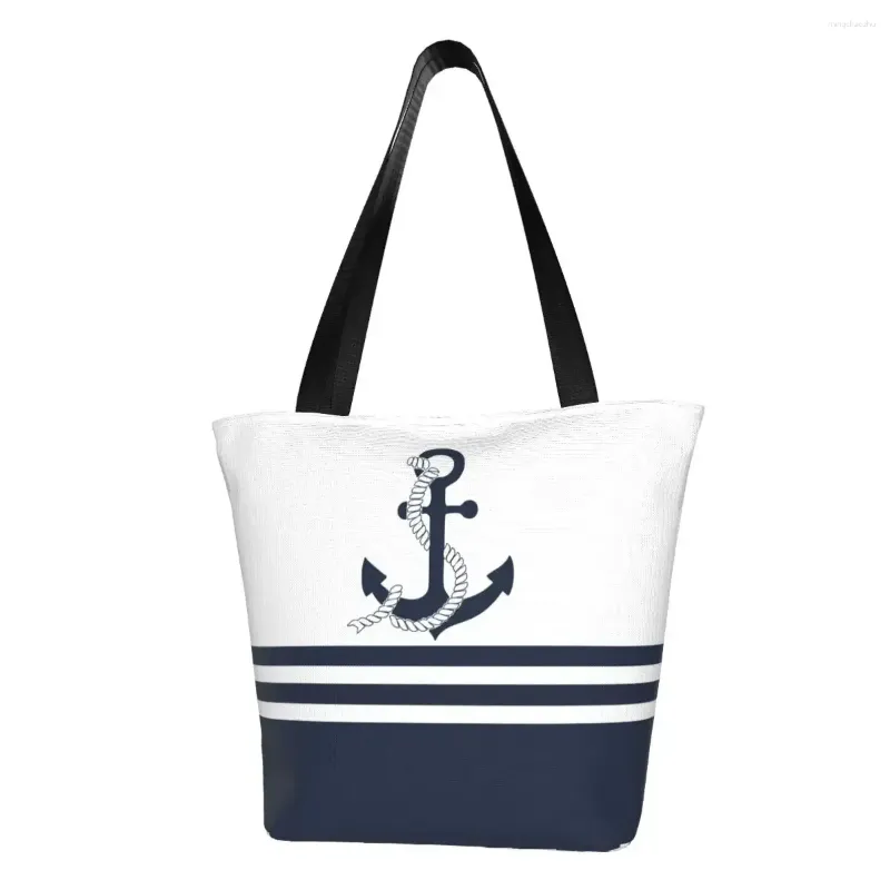 Sacs à provisions Kawaii imprimé nautique bleu ancres rayures sac fourre-tout Portable toile Shopper épaule voile marin sac à main