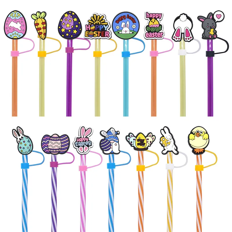 Easter Pattern Straw Topper Covers Rabbit Bunny Chicken Carrot 10MM Straw Topper Charms for Tumblers PVC Straw Cover Topper