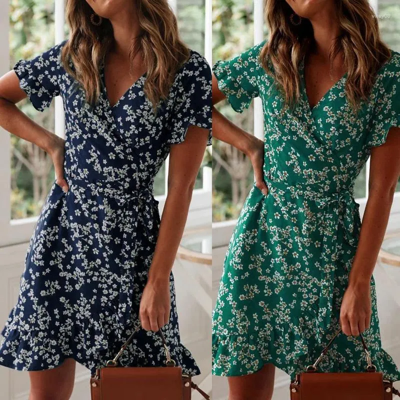 Robes décontractées Boho imprimé floral volants femmes robe 2024 été sexy col en V à manches courtes une ligne en mousseline de soie mini plage vacances robe d'été