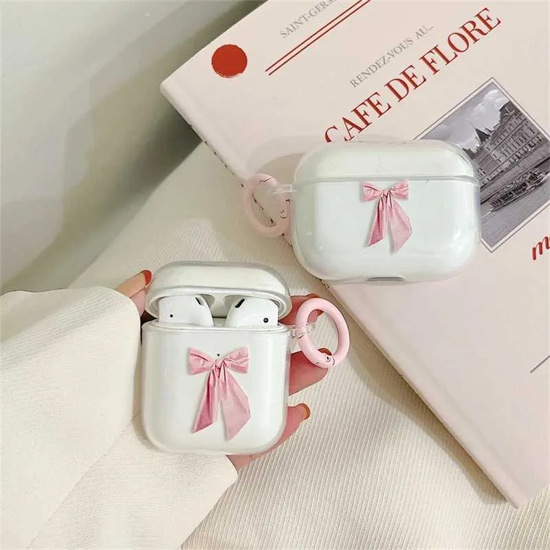 Cell Phone Cases INS Korea Cute 3D Pink Bow Transparent Case For AirPods Pro 3 2 1 Earphone Case Stylish Soft Silicone Protective Cover Funda