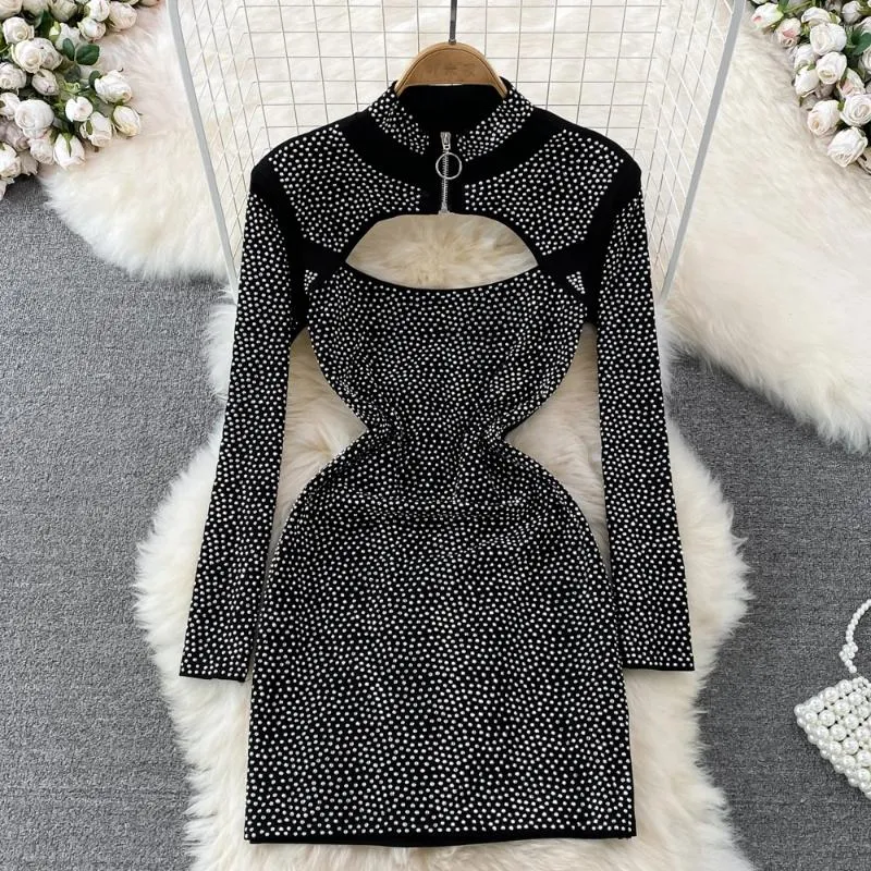 Casual Dresses Spring And Autumn European American Retro Temperament Half High Collar Zipper Chest Hollow Waist Thin Diamond Bag