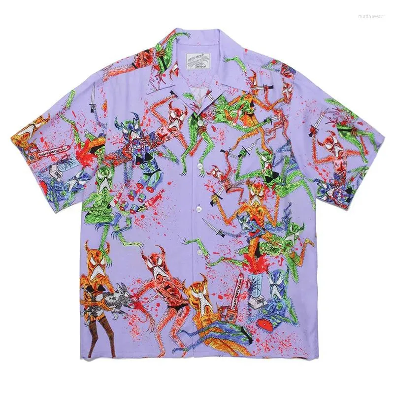 Men's Casual Shirts Light Purple Summer WACKO MARIA Hawaiian Shirt Graffiti Short Sleeve Breathable Lapel Men Woman Outdoor Streetwear