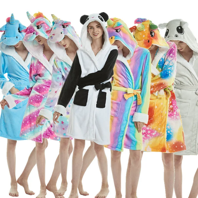 Unicorn Animal Cartoon Bathrobe Women Kigurumi Robes Pajamas Winter Flannel Dressing Gown Nightgowns Girls Bath Robe 201109