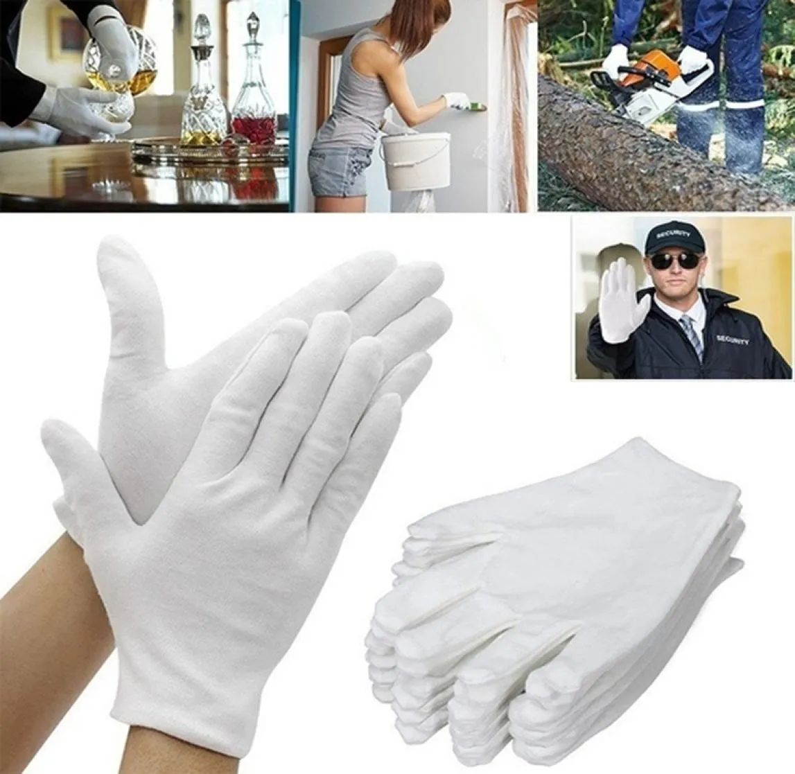 12 шт., мягкие белые хлопковые перчатки, защитные перчатки для сада и дома, инспекционные работы, перчатки для свадебной церемонии, антистатические многоразовые моющиеся перчатки8715657