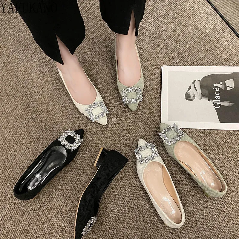 Luxurious Rhinestone Buckle Decor Point Toe Chunky Heeled Pumps Elegant Party Wedding Shoes Low Heel Comfort Office Work Shoes 240119