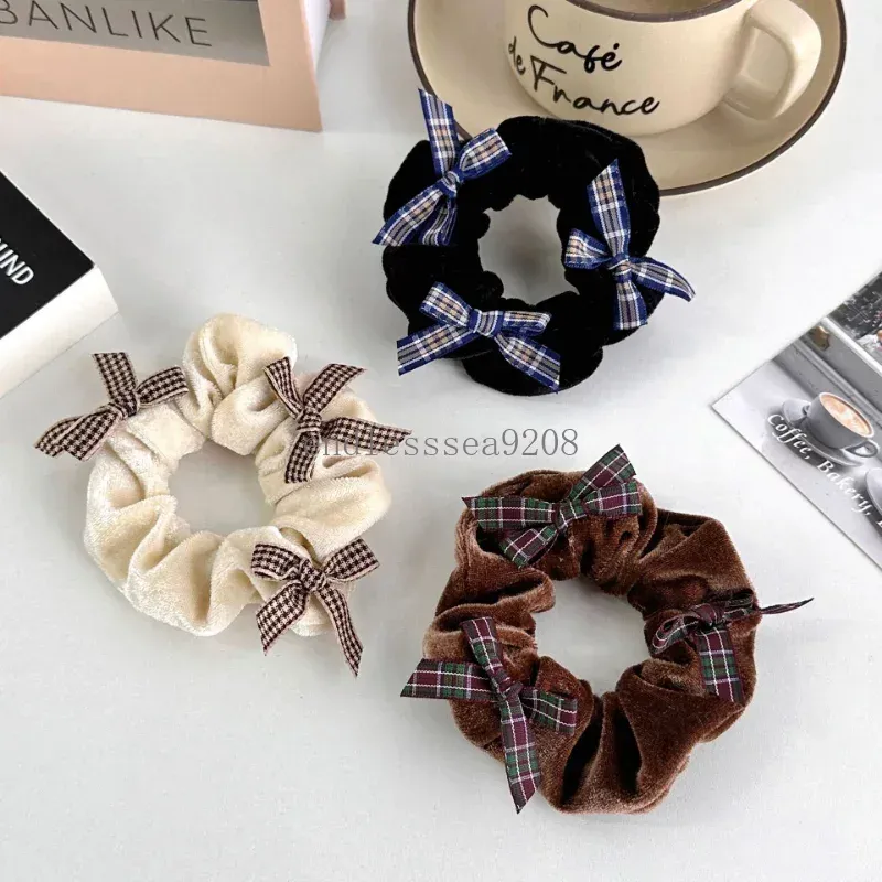 Fashion Plaid Bowknot Hair Scrunchies Women Fleece Plush Soft Elastic Hair Bands Ponytail Head Rop Hair Rings Ties Headdress