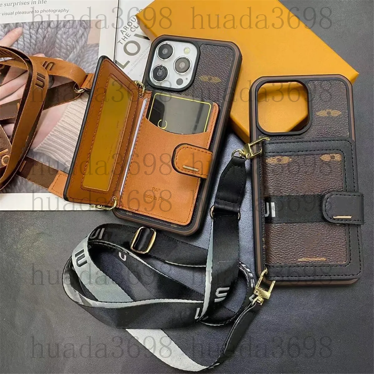 Top Luxury Designers Téléphone Cas pour iPhone 15 Pro Max 15Plus 14Pro 13 12 11 L Designer Fashion Creative Cellphone Case Lanyard Card Insertion Mobile Shell Cover