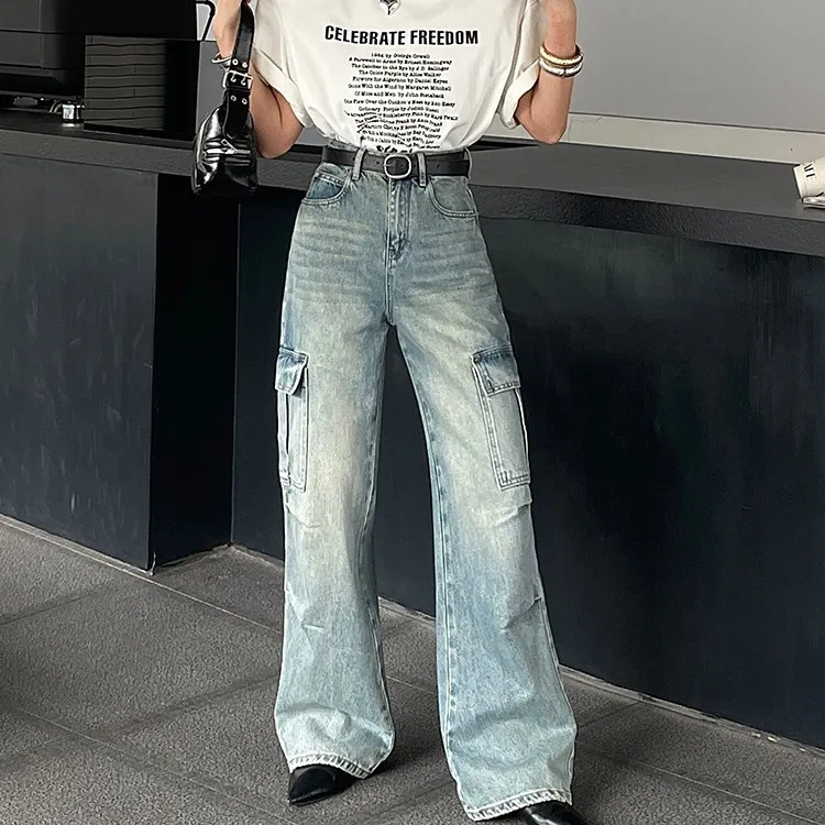 Women's Cargo Jeans - High Waisted, Baggy Straight Leg, Flap Pockets, Y2K Streetwear Denim Pants - View #8