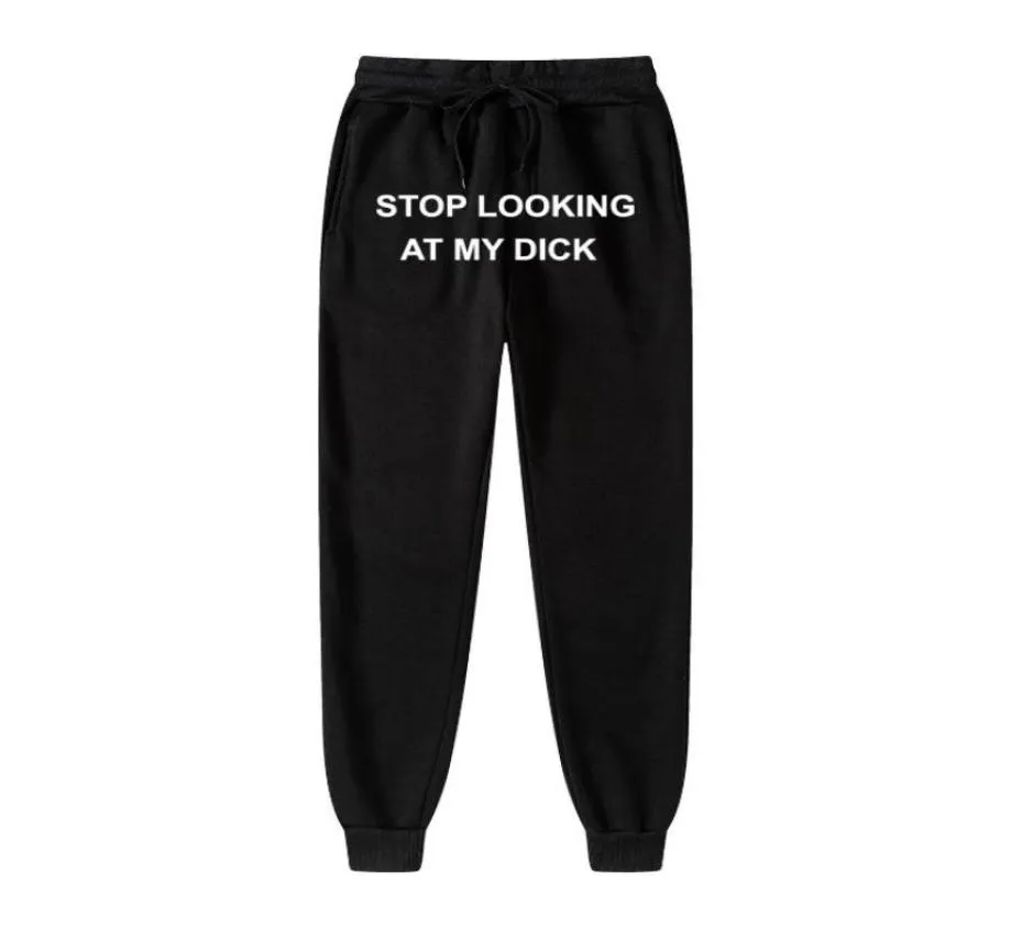 Calças masculinas mulheres joggers suor parar de olhar para o meu pau moletom hip hop impressão calças de cintura alta streetwear hippie8153448