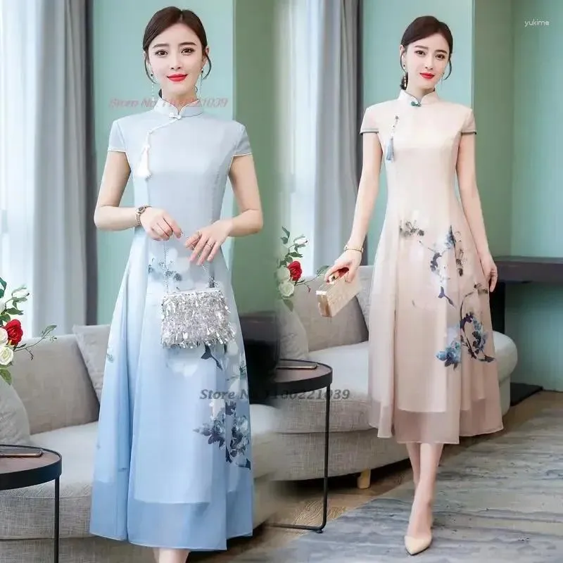 민족 의류 2024 중국 전통 드레스 Qipao National Flower Print Chiffon Cheongam Oriental Elegant Banquet Evengido