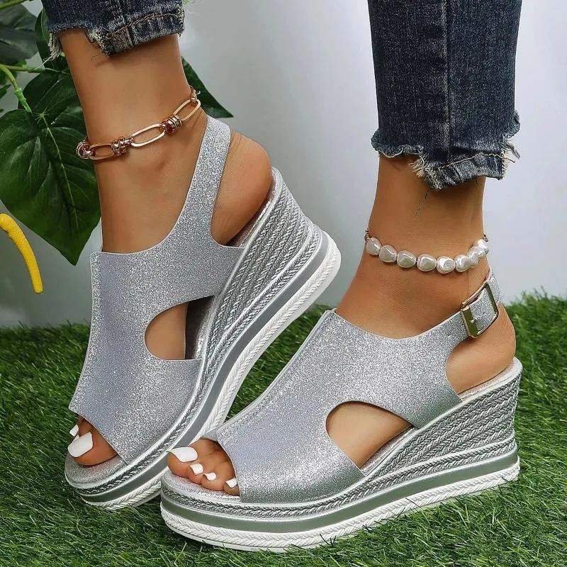 Sandales dames paillettes cuir mode couleur unie bout ouvert boucle talon compensé yoga pour femmes blanc chaussures femme Zapato