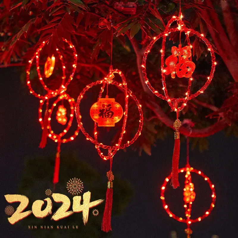 LED Red Lantern Chinese Year Decoration 2024 Spring Festival Hanging Fu Good Luck Pendant For Door Wall Window Decor Gifts 240119