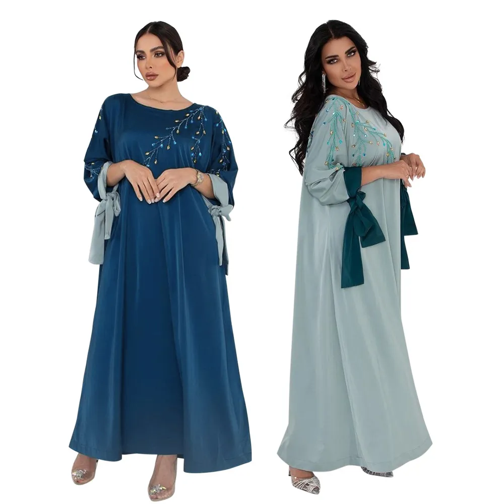 중동 두바이 아라비아 여성 드레스 패션 대비 대비 컬러 새틴 로브 다이아몬드 레이스 업 슬리브 우아한 파티 가운 Abaya Caftan Dubai Luxe 2024 Moderne