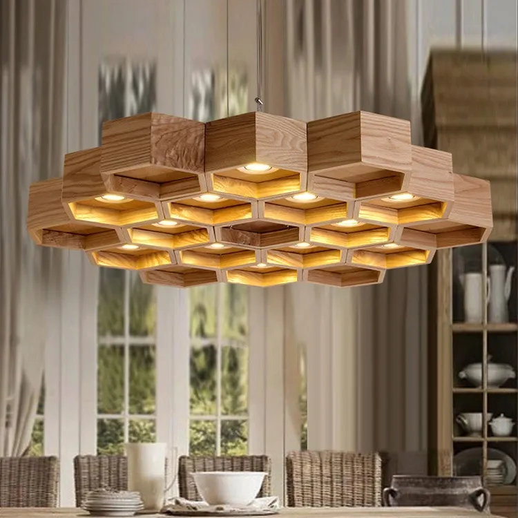 Loft Wood Pendant Lamp Honeycomb Chandeliers Nordic Antique Wooden Light Bar Coffee Shop Small Chandeliers