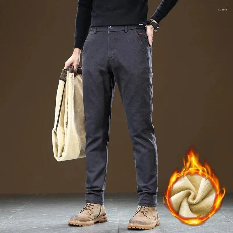 Pantaloni da uomo in pile invernale slim dritti addensati calore elastico in vita pantaloni casual da lavoro moda abbigliamento coreano nero grigio