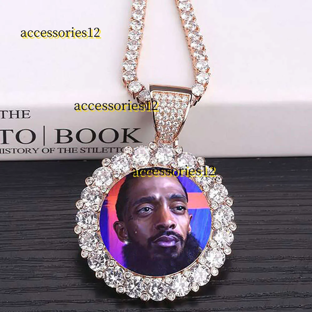 Colares de pingente 14k feito sob encomenda foto redonda medalhões pingente colar 3mm corrente de tênis prata cor de ouro zircon homens hiphop jóias 2024 colares de designer