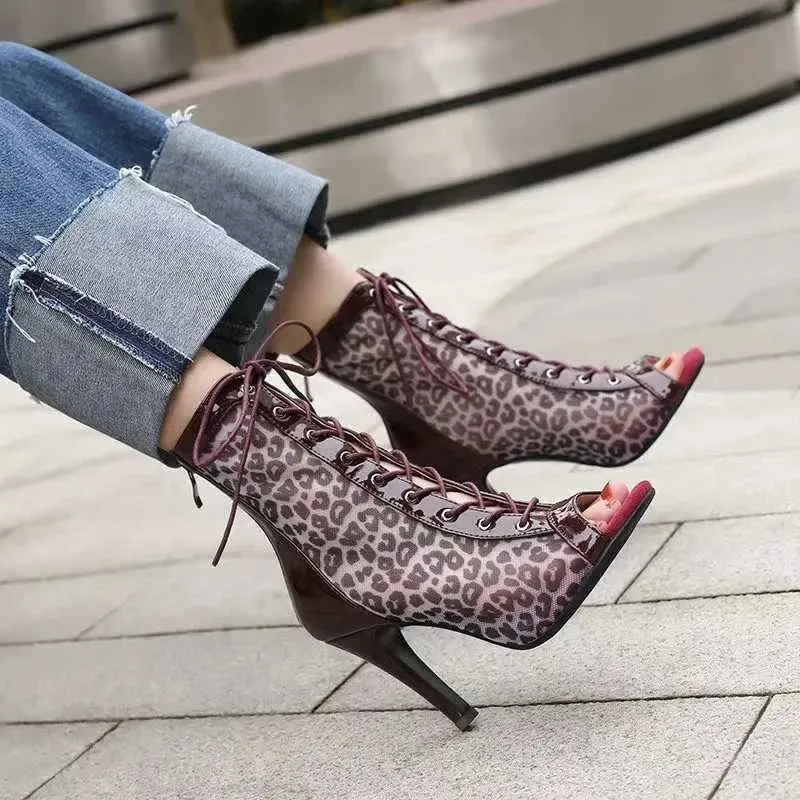 Dress Shoes 2023 New Women Sandals Fashion Leopard Open Toe High Heels Dancing Shoes Comfort Zipper Peep Toe Sexy Summer Sandals