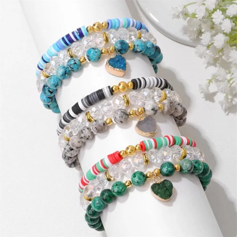 Strand Kleurrijke Polymeer Klei Graniet Steen Kralen Armband Hart Kristal Charme 3 Stuks Stretch Bangle Sieraden Cadeau Voor Vrouwen Mannen