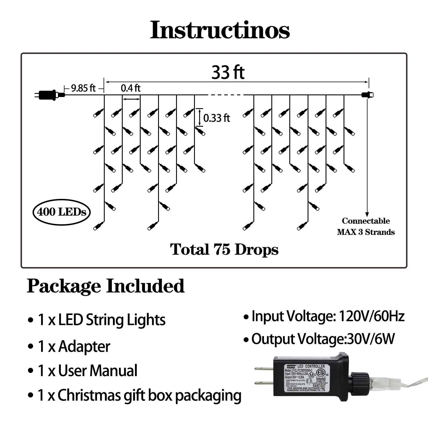 LED-Eiszapfenlichter, 400 LEDs, Vorhang-Lichterkette mit 75 Tropfen, durchsichtiger Draht-LED-Lichterkette für Weihnachten, Thanksgiving, Ostern, Halloween, Party-Hintergründe, Dekorationen