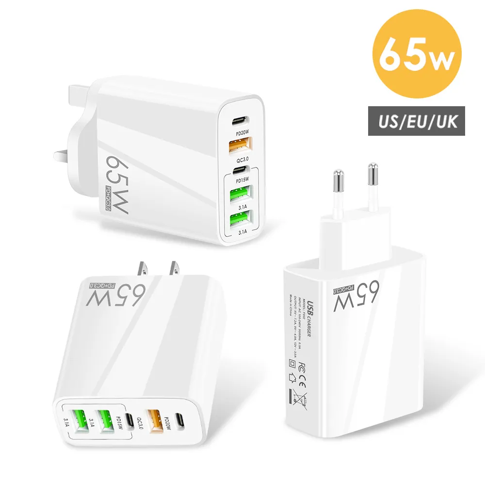 PD 빠른 충전기 65W USB-C 스마트 전환 USB 충전 어댑터 5 포트 휴대폰 충전기 전원 어댑터