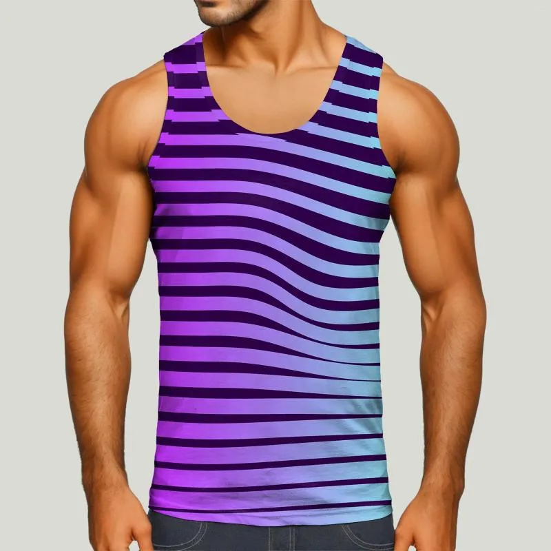 Men's Tank Tops Men Fashion Gradient Striped Print Vest T-Shirts Classic Crewneck Sleeveless Skinny Fitness Training Casual Streetwear