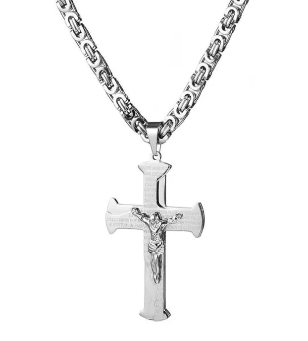 67mm43mm Polishing Silver Color Men039s Jesus Cross Pendant Necklace 6mm Stainless Steel Flat Byzantine Chain 1836 Inches3845054