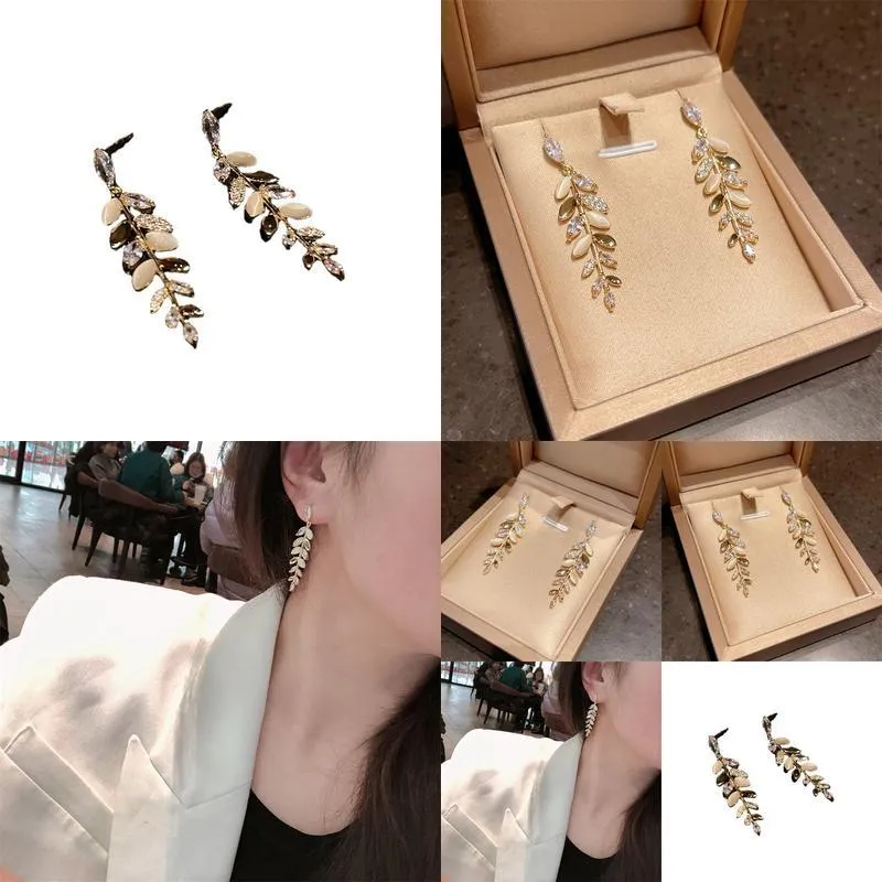 Charm 925 Earrings Super Delicate High-Grade Sense Cat-Eye Micro-Inlaid Leaf Temperament Wheat Ear Drop Delivery Otb6L