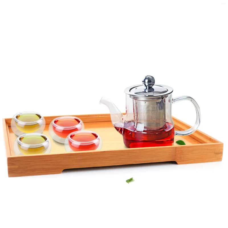 Teaware Sets 1x 6in1 Coffee Tea Set D-370ml Heat-Resisting Glass Pot With Stainless Steel Filter 4 Double Wall Cup Bamboo Tray