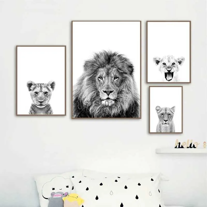 Black And White Of A Lion With It's Cub Wall Art Canvas Unframed/Framed