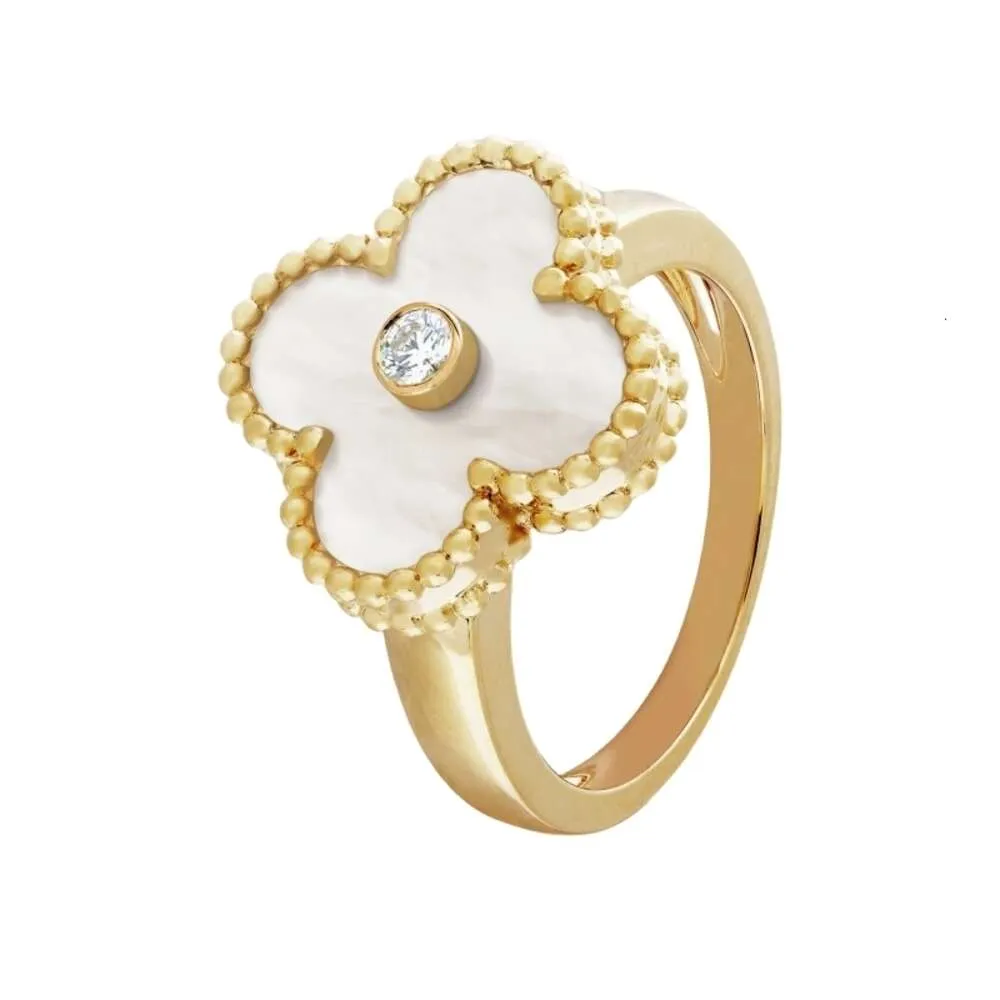 Ring Van-Clef & Arpes Designer Luxury Fashion Women Gold High Edition 18k Lucky Four Leaf Grass Series Ring Women's Full Diamond Agate Natural White Shell Ring