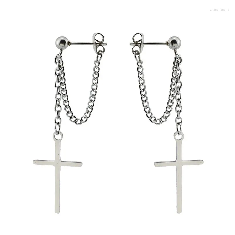 Boucles d'oreilles pendantes en acier inoxydable, longue chaîne croisée, Sexy, Fine, pour hommes et femmes, bijoux à la mode, Clip sur l'oreille, sans perçage, cerceau