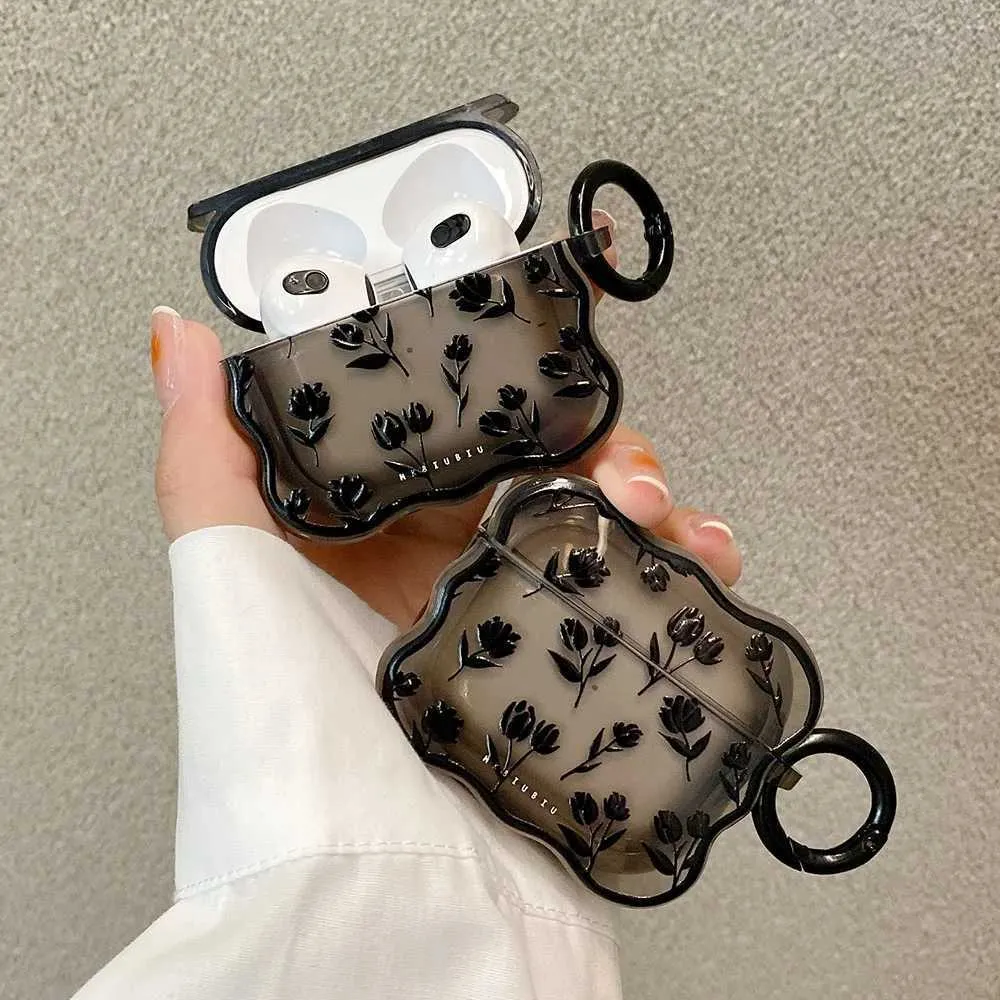 Mobiltelefonfodral Ins Clear Black Tulip Flower Case för AirPods 3 1 Söt transparent omslag Retro Rose Flowers Wave Earphone Funda för AirPod Pro 2