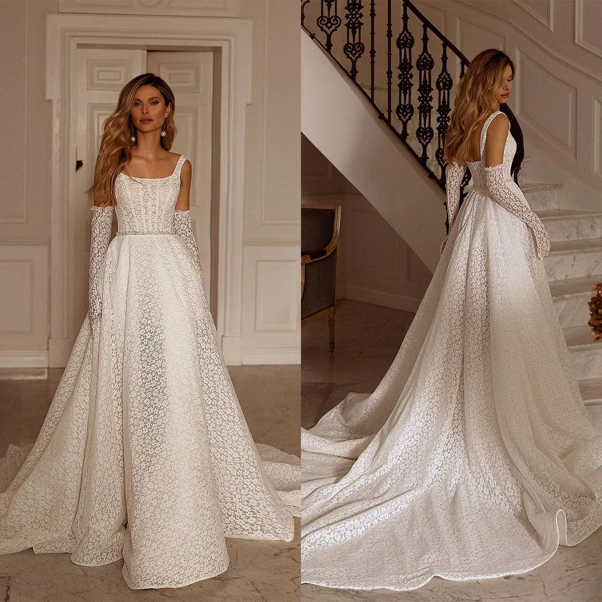 Abiti da sposa a-line adorabili Fiore quadrato Pizzo senza maniche Backless Treno staccabile Cerniera su misura Plus Size Abito da sposa Abiti da sposa