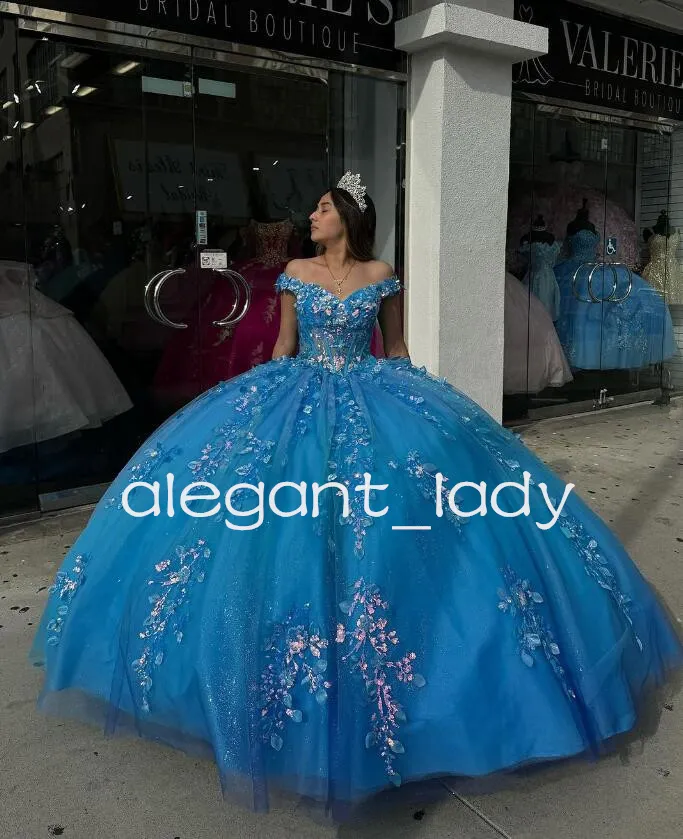 Luxury Blue Sparkly Princess Quinceanera Dresses 3D Floral Applique Off Shoulder Corset vestidos de 15 anos quinceaneras 2024