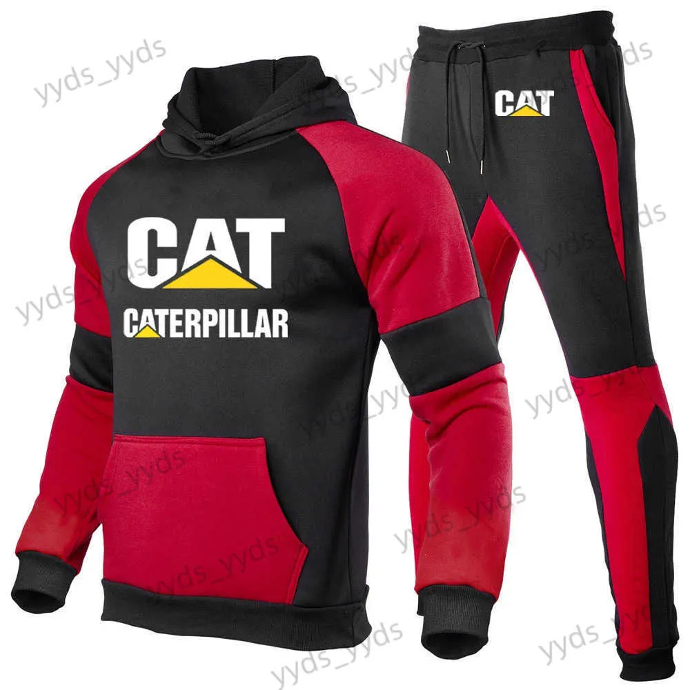 Herrspår 2023 Spring Autumn Fashion Cat Caterpillar Print Pocket Design Casual Hooded Hoodies+Sports Trousers Cotton Patchwork Set T240124