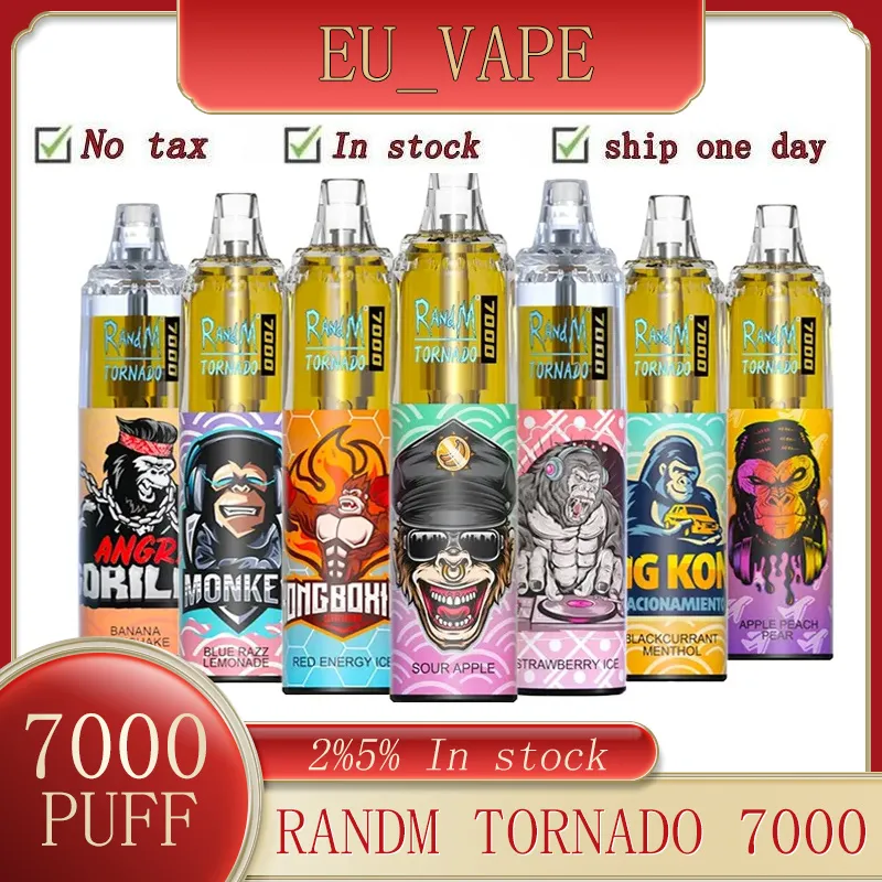 Original RandM Tornado 7000 Puff Jetable E-cigarettes Puff 7000 Mesh Coil 14ml Jetables Vape Pen Tornado 7000 2 5% Rechargeable 1000mAh RGB 56flavors Puff 7k