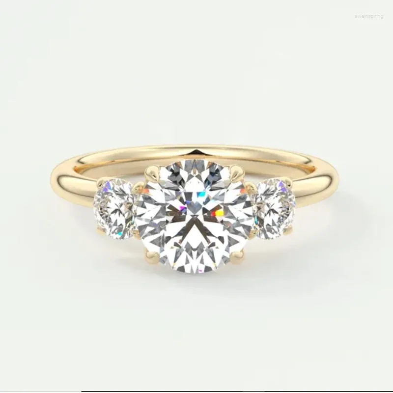 Cluster Rings 1.5ct MainStone 6.9mm Round Cut Moissanite Ring 2 Side Stone Diamond Engagement Anniversary Real 14K Yellow Gold