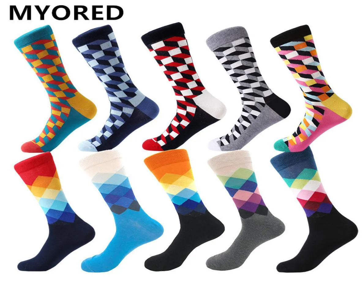 MYORED Mens Colorful Casual Dress Socks Combed Cotton Striped Plaid Geometric Lattice Pattern Fashion Design High Quality 2009242676437