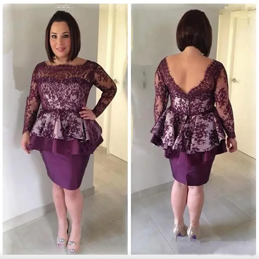 Grape Lace Sheath Mother Dresses Low Back Long Sleeves Short Mother Of The Bride Gowns Knee Length Women Formal Party Cocktail Dress