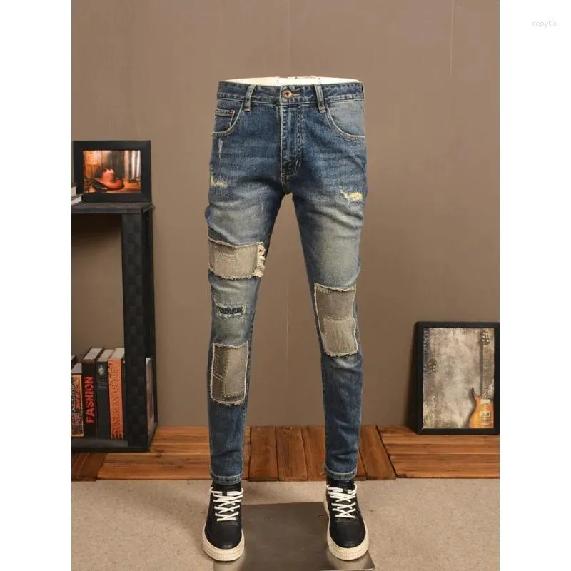 Jeans da uomo Vintage Made Old Strappato Marchio di moda Gamba dritta Slim Stretch Patch Pantaloni casual in denim di fascia alta