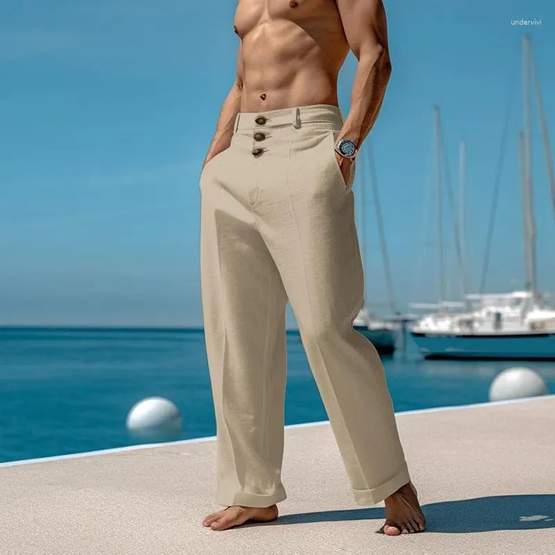 Pantaloni da uomo in cotone e lino casual per uomo tinta unita con bottoni larghi comfort ventilato pantaloni lunghi pantaloni da spiaggia primavera estate streetwear