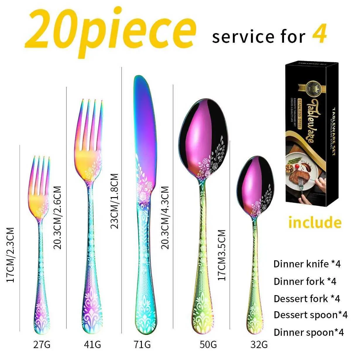 Camp Kitchen 20pcs Mönstrad rostfritt stål Tabellskivkniv Fork Spoon Set Hotel Western Style Steak Knife Fork Spoon Set YQ240123