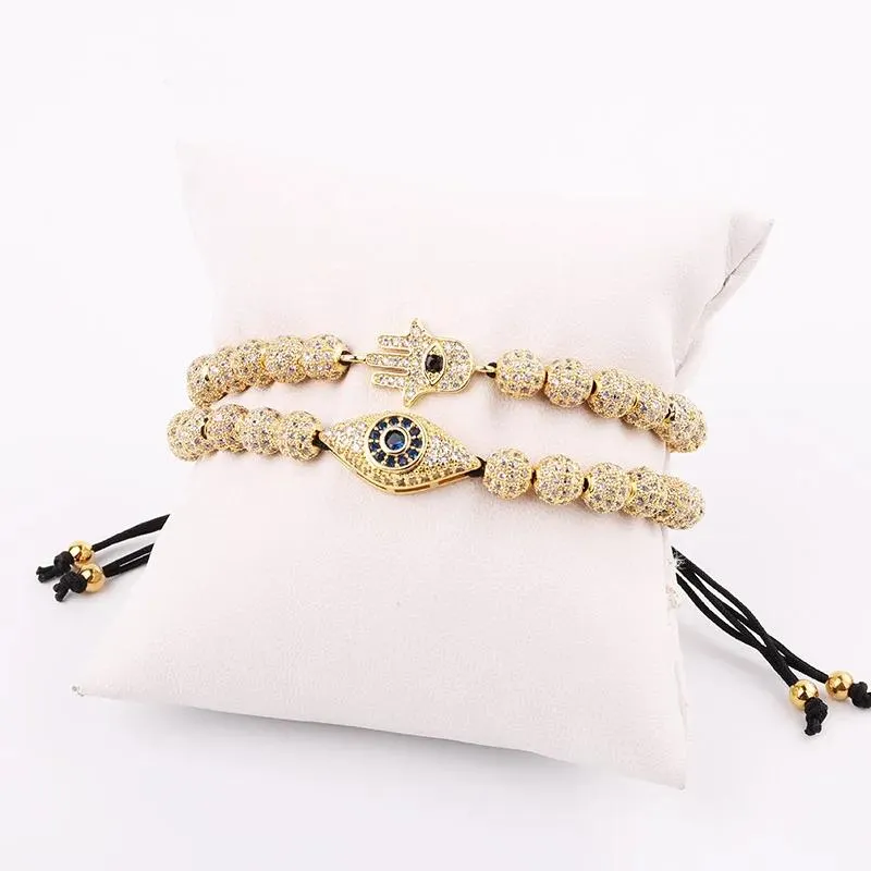 Armband ny design lyx män smycken guld pläterad cz pave eye hand charm pärlstav macrame armband set manlig