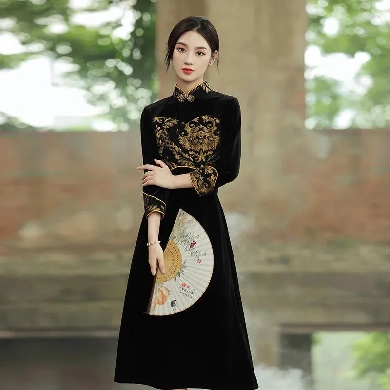 Abbigliamento etnico Nero tradizionale vintage elegante cheongsam sottile migliora il vestito cinese dalle donne stile femminile Harajuku moderno Qipao