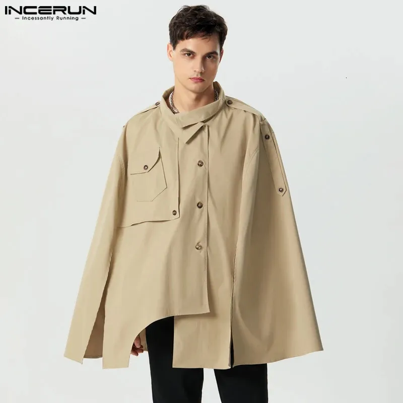 Män kappa rockar LAPEL Löst fast färgknapp Streetwear Casual Male Ponchos Cape Fashion Oregelbundet Trench S-5XL Incerun 240122