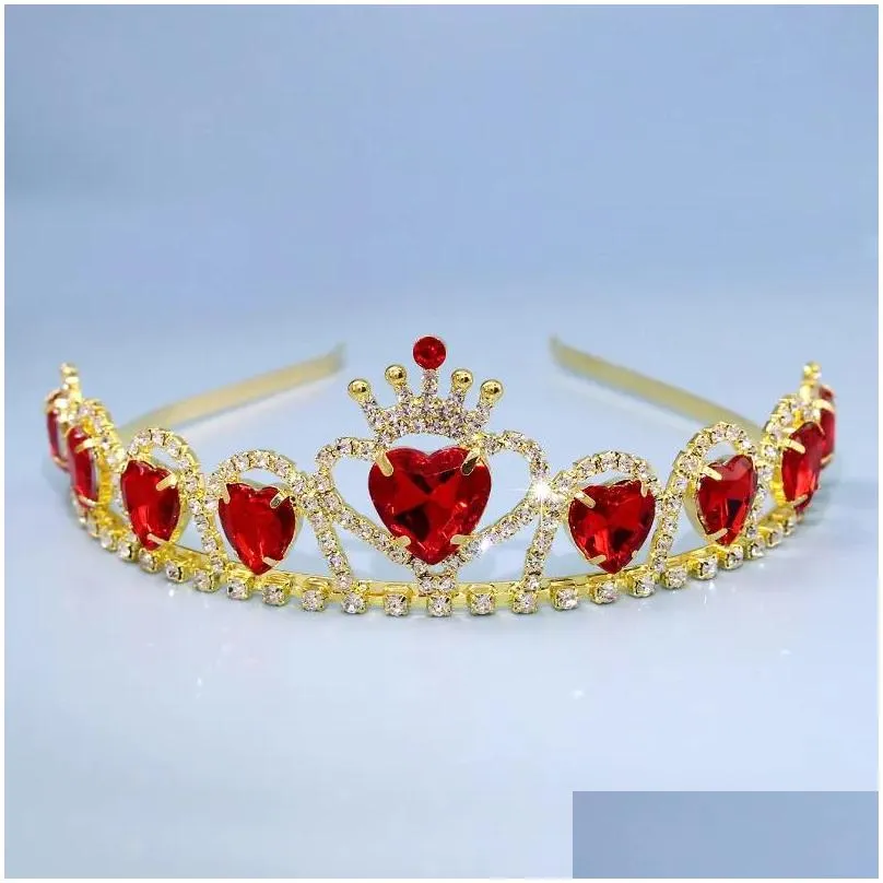 Headpieces Fashion Luxury Wedding Crown Tiara Girl Red Heart Headband Accessories Bridal Drop Delivery Dhjfd